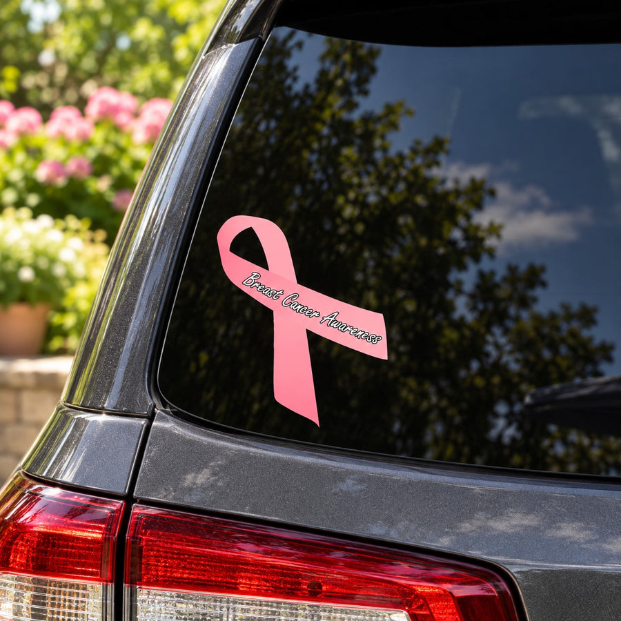 Pink breast cancer awareness ribbon vinyl sticker with cursive text