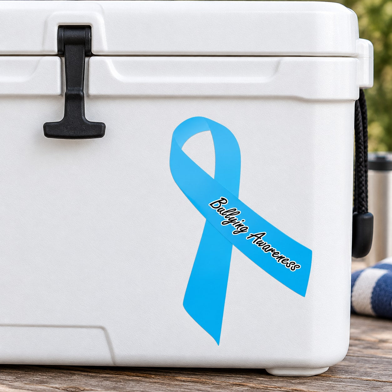 Bullying awareness ribbon vinyl sticker with a blue ribbon and Bullying Awareness lettering