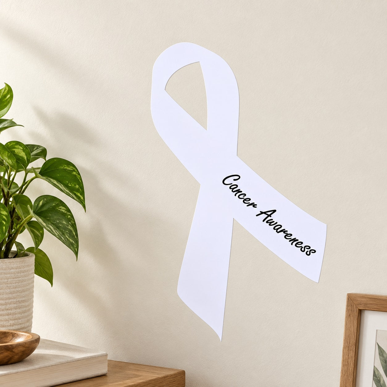 Cancer awareness ribbon vinyl sticker with 'Cancer Awareness' script text