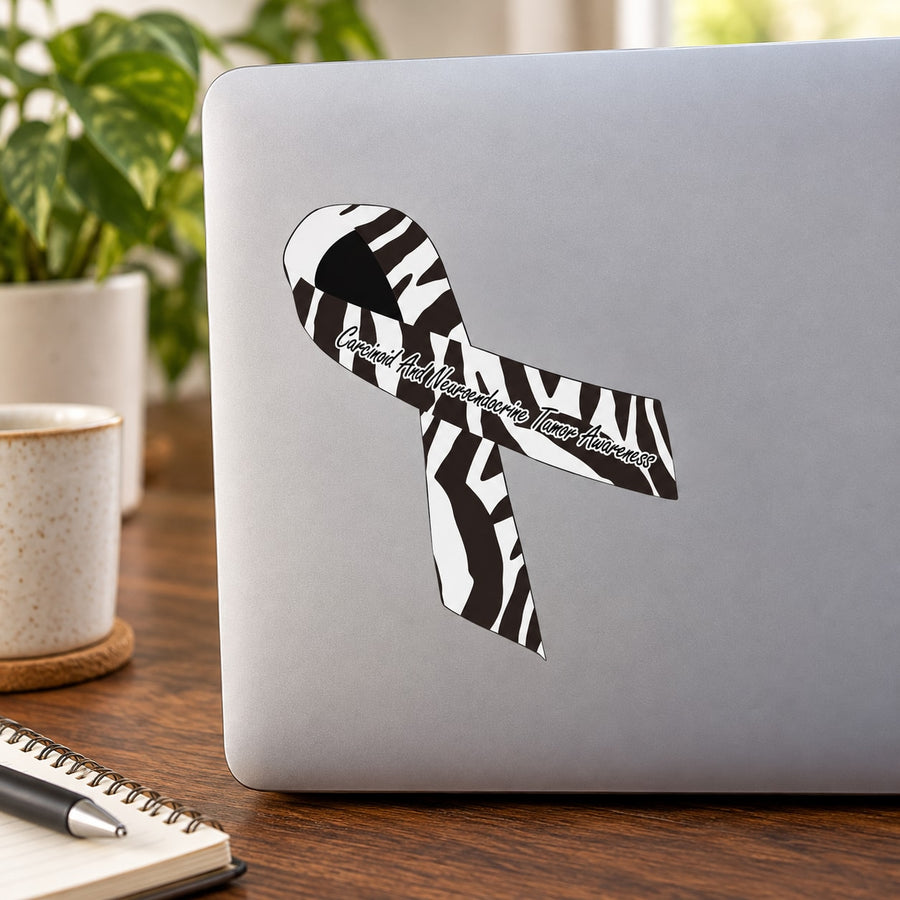 Carcinoid and neuroendocrine tumor awareness ribbon vinyl sticker, black and white ribbon with text