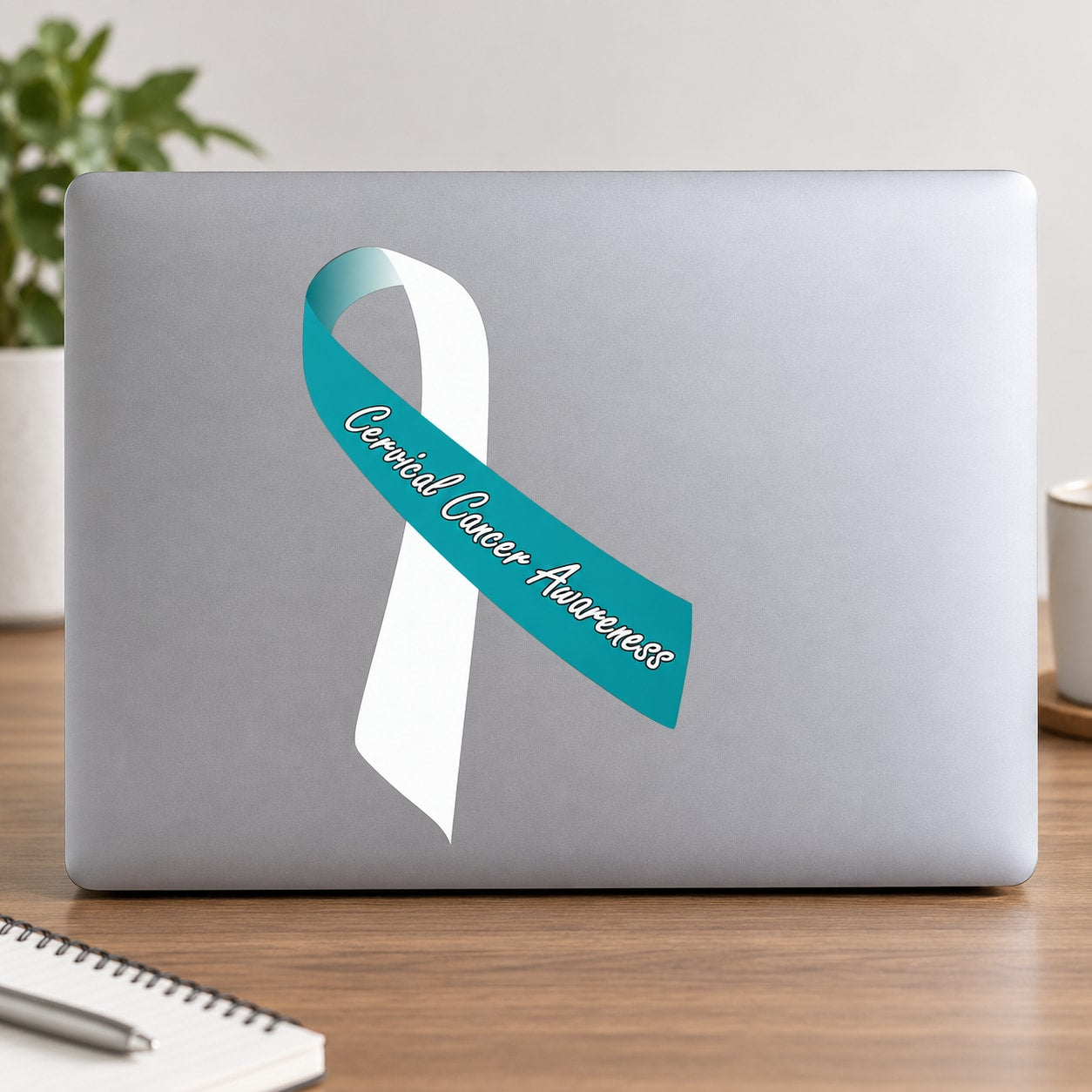 Vinyl sticker of teal awareness ribbon with white "Cervical Cancer Awareness" text
