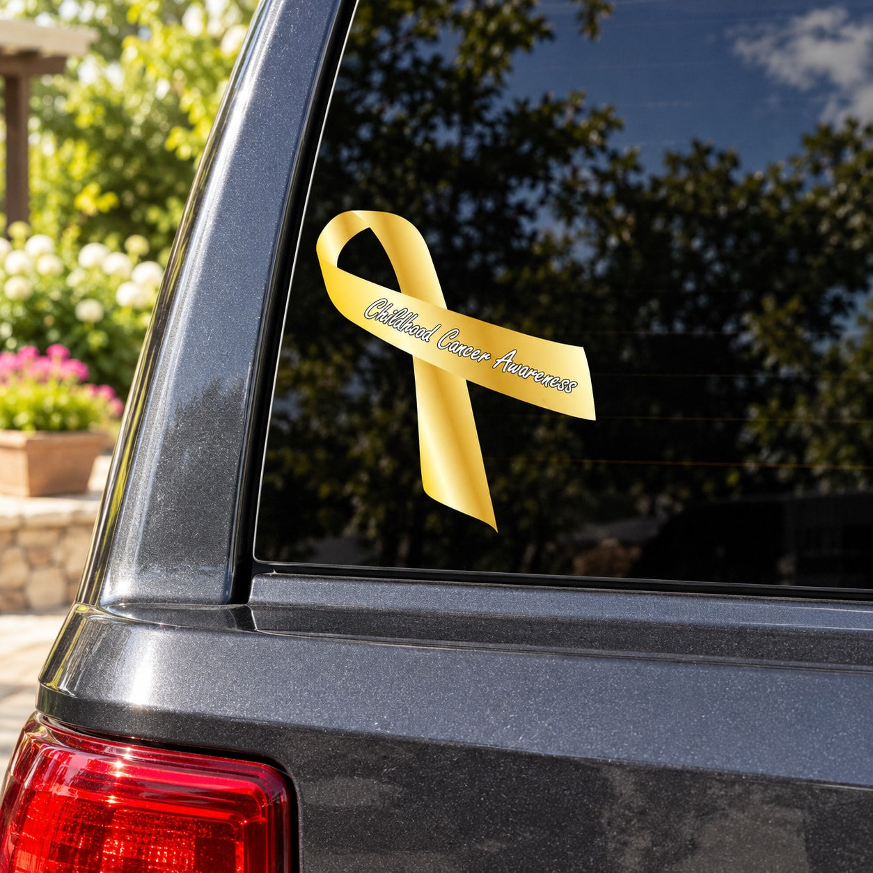 Yellow vinyl awareness ribbon sticker with black Childhood Cancer Awareness text