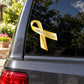 Yellow vinyl awareness ribbon sticker with black Childhood Cancer Awareness text