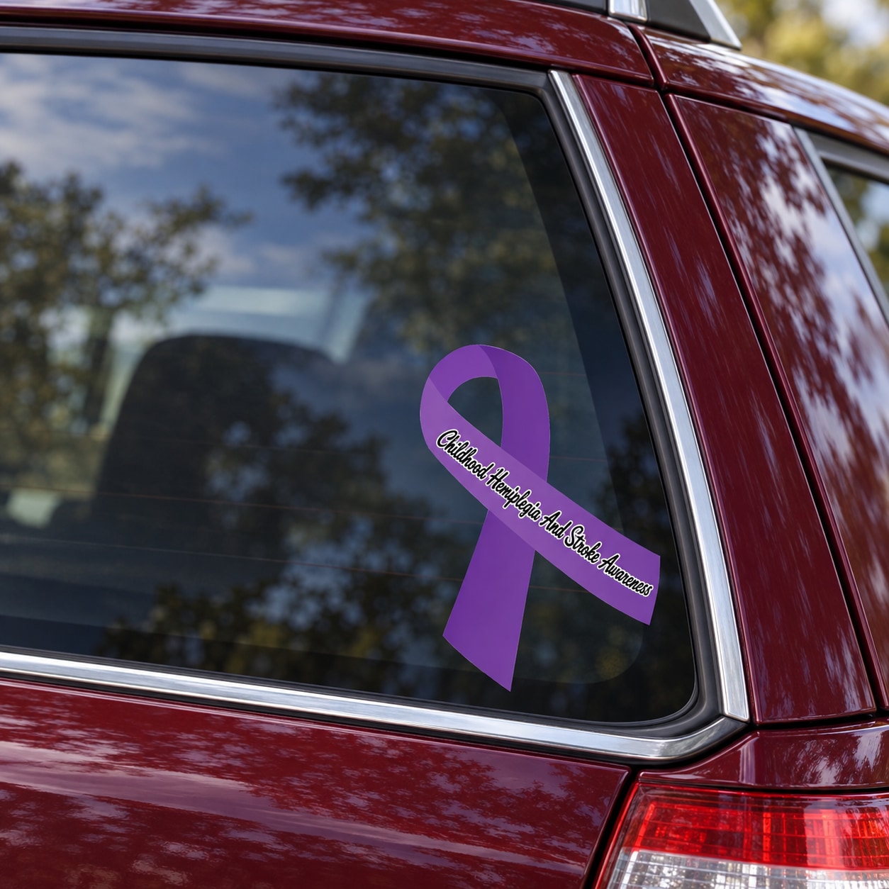 Purple awareness ribbon vinyl sticker with diagonal text, on car window