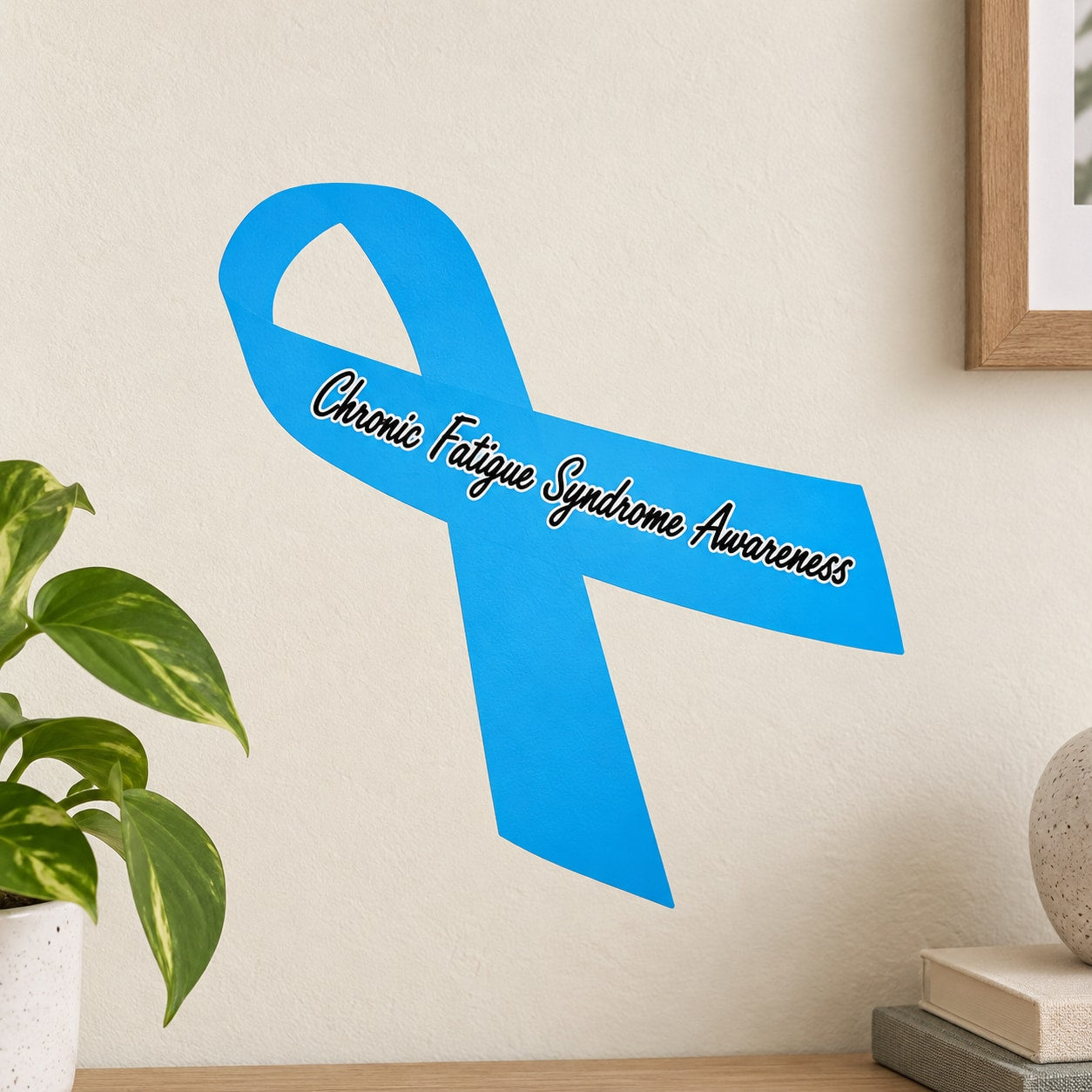 Blue awareness ribbon vinyl sticker with cursive Chronic Fatigue Syndrome Awareness text