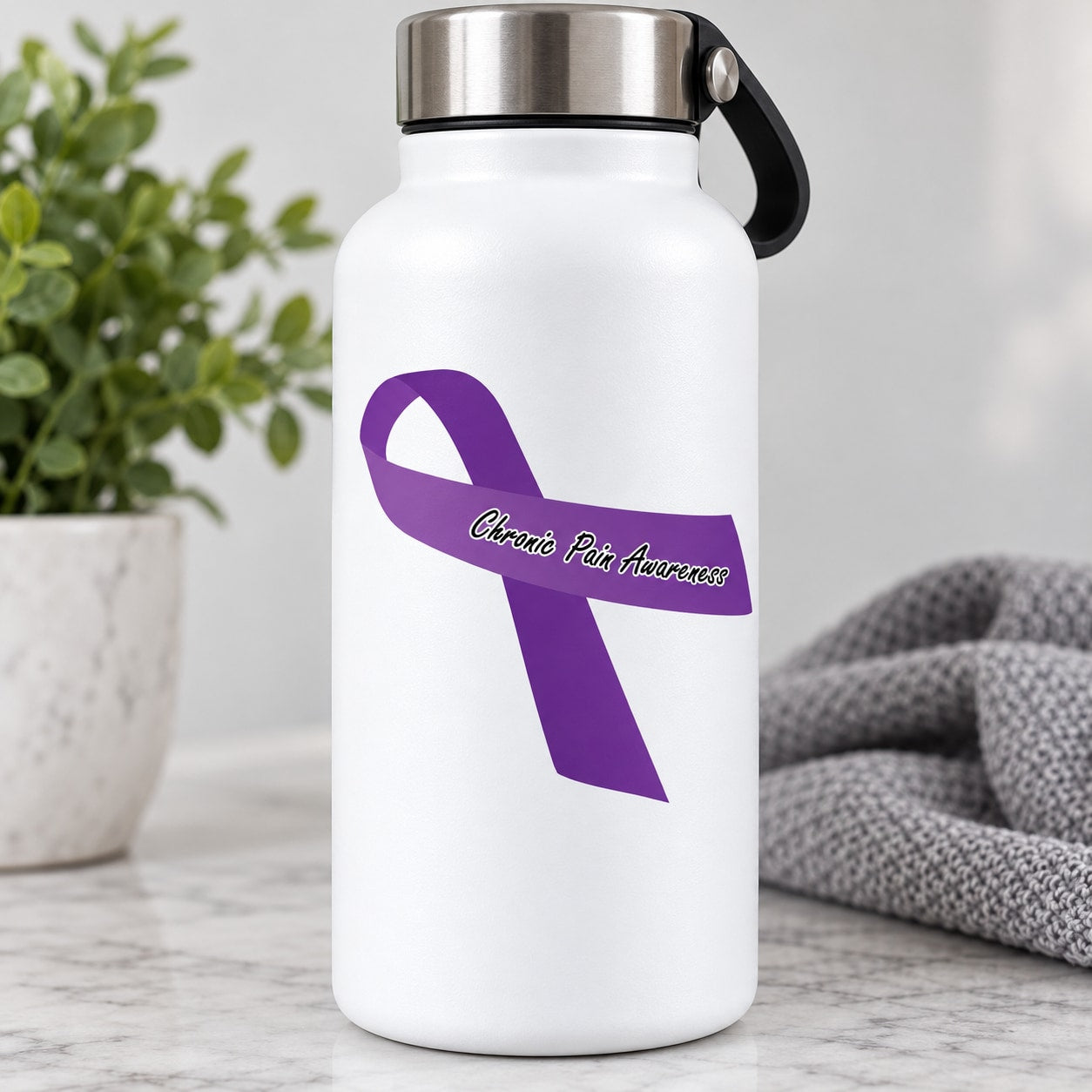 Purple awareness ribbon vinyl sticker with "Chronic Pain Awareness" text