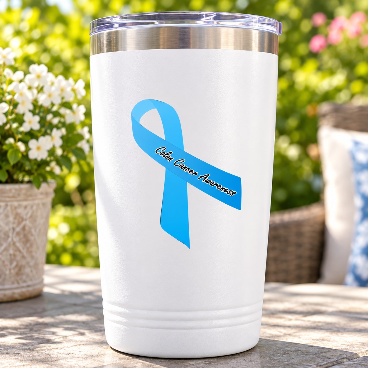 Colon cancer awareness ribbon vinyl sticker on a white tumbler, blue ribbon with text