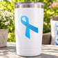 Colon cancer awareness ribbon vinyl sticker on a white tumbler, blue ribbon with text