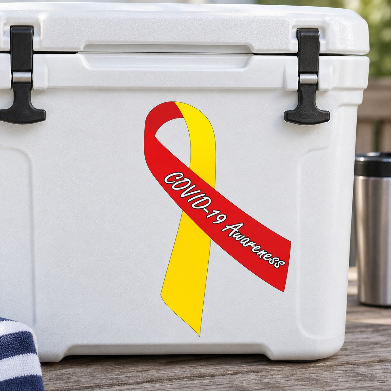 Red and yellow COVID-19 awareness ribbon with 'COVID-19 Awareness' text
