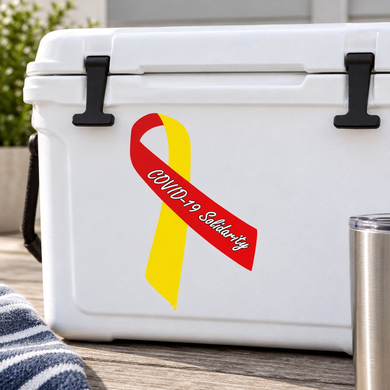 Red and yellow COVID-19 solidarity ribbon with COVID-19 solidarity print