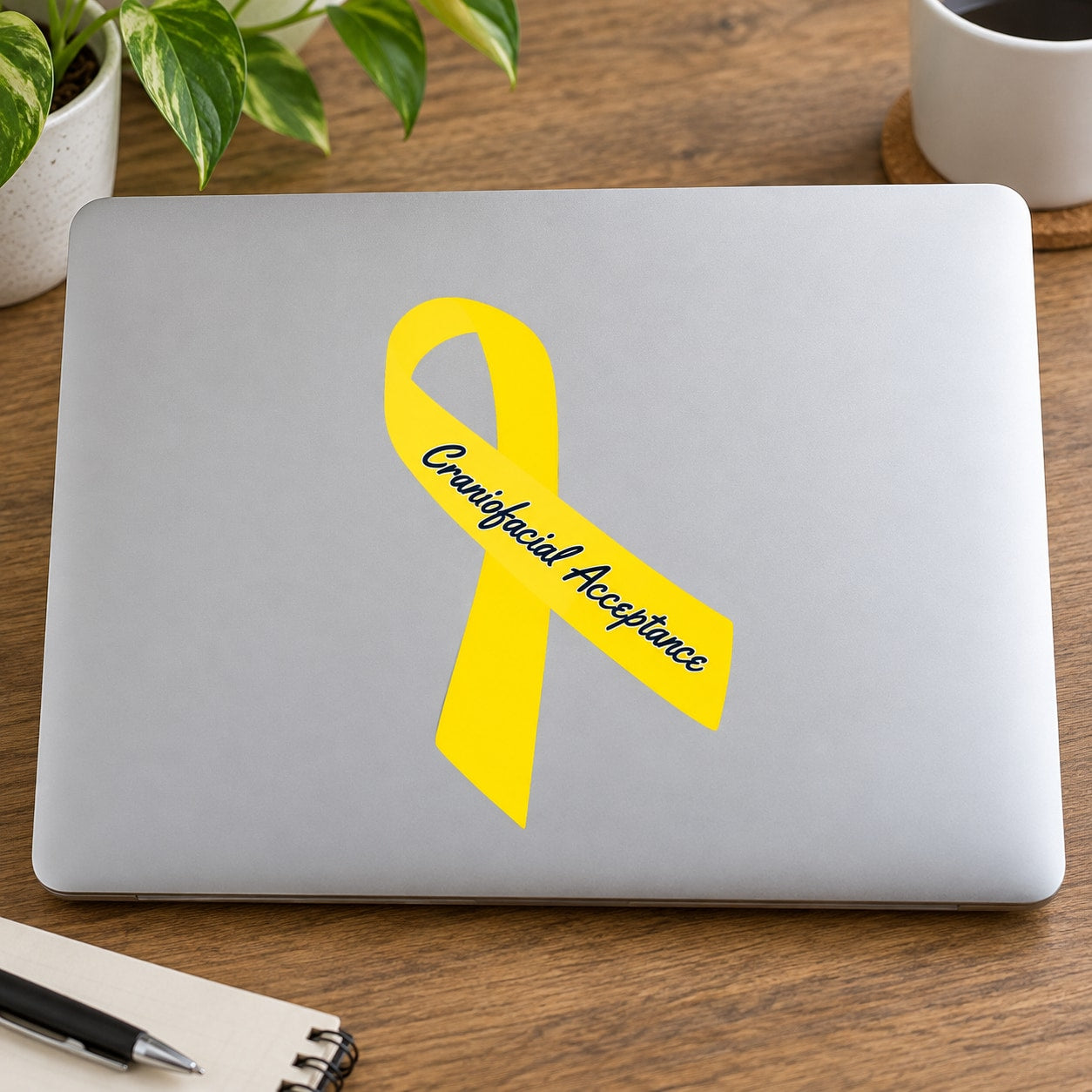 Yellow awareness ribbon vinyl sticker with “Craniofacial Acceptance” text