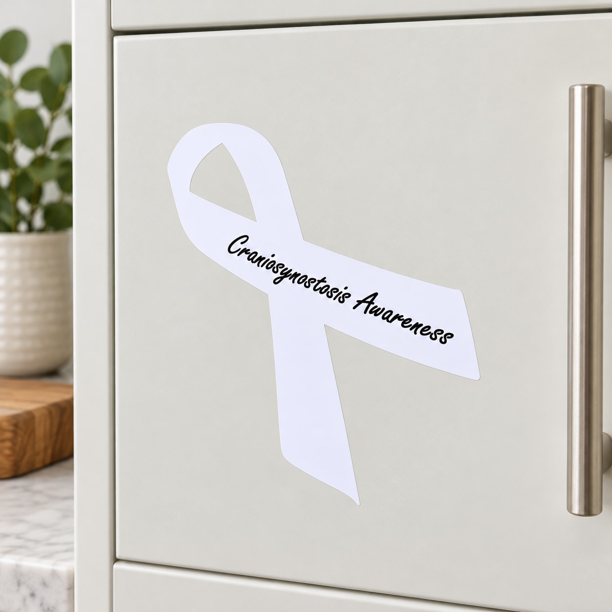 White craniosynostosis awareness ribbon vinyl sticker with script text
