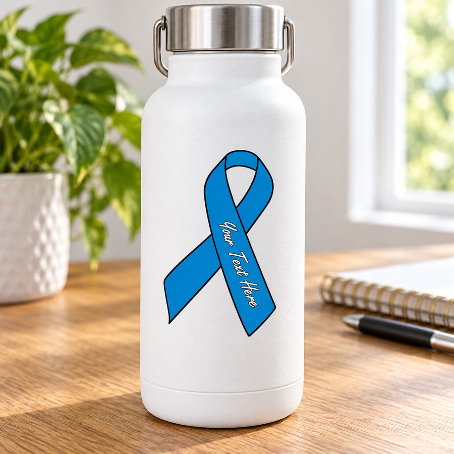 Blue awareness ribbon vinyl sticker with custom text, shown on white bottle