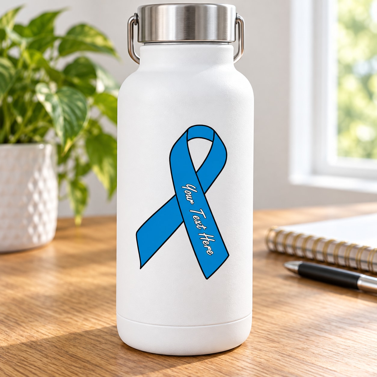 Blue awareness ribbon vinyl sticker with custom text, shown on white bottle