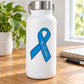 Blue awareness ribbon vinyl sticker with custom text, shown on white bottle