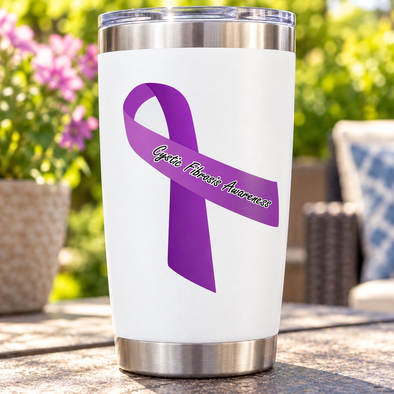 Purple cystic fibrosis awareness ribbon vinyl decal on white tumbler