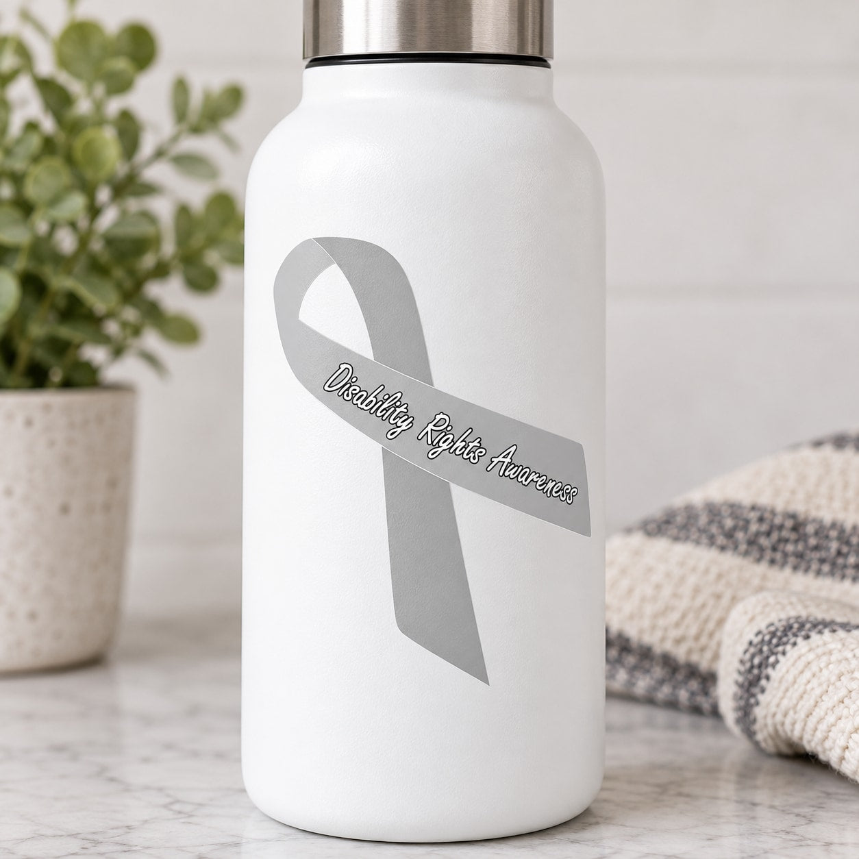 Gray disability rights awareness ribbon vinyl sticker with “Disability Rights Awareness” text