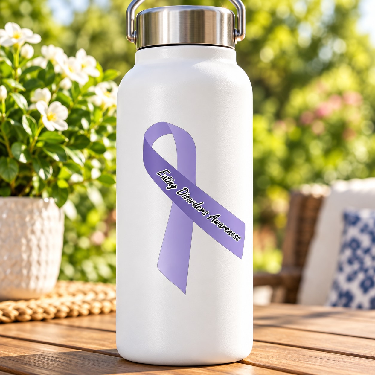 Purple awareness ribbon vinyl sticker with curved slogan text