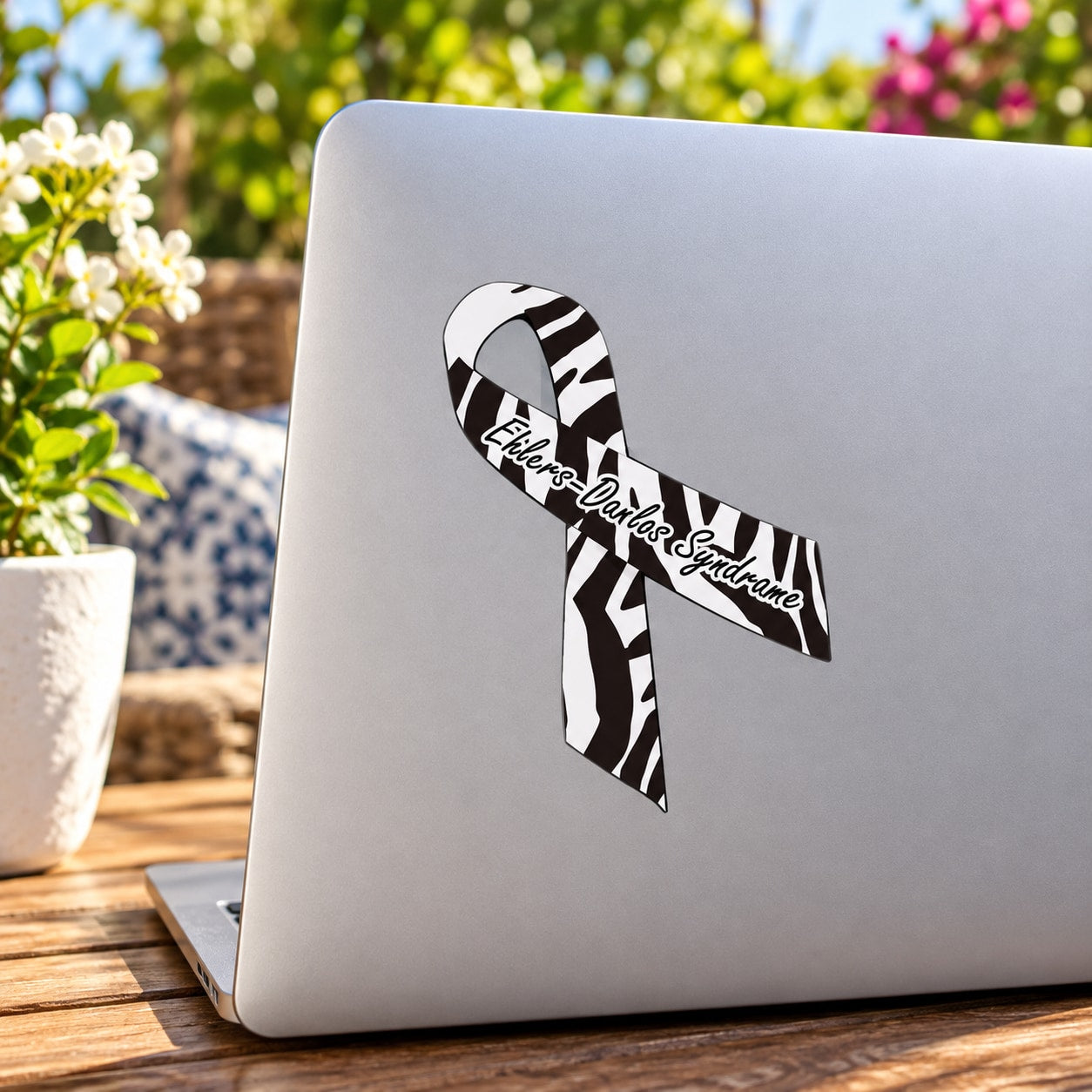 Ehlers Danlos Syndrome awareness ribbon vinyl sticker, black and white striped ribbon