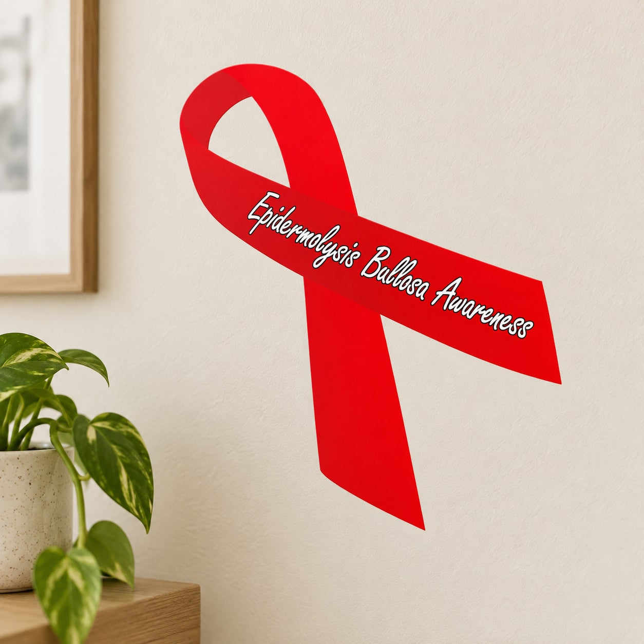 Red awareness ribbon vinyl sticker with Epidermolysis Bullosa Awareness text