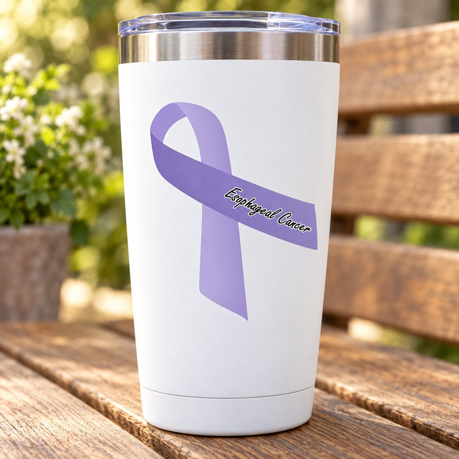 White vinyl sticker with purple awareness ribbon and cursive text on a tumbler