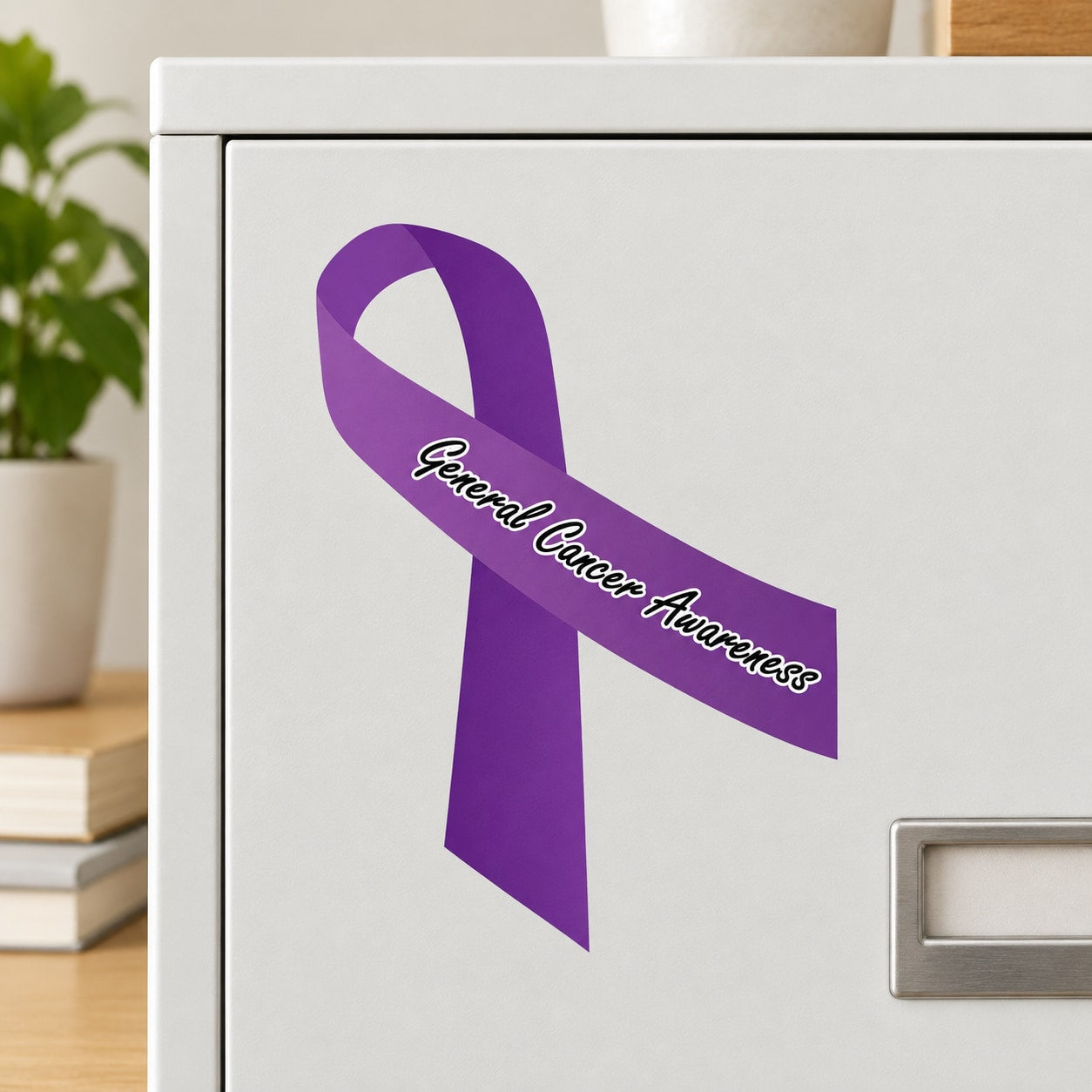 Purple awareness ribbon vinyl sticker with white Cancer Awareness text