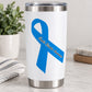 Blue awareness ribbon vinyl sticker on white surface with cursive message strip