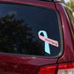 Vinyl awareness sticker with light blue ribbon and pink text on car window