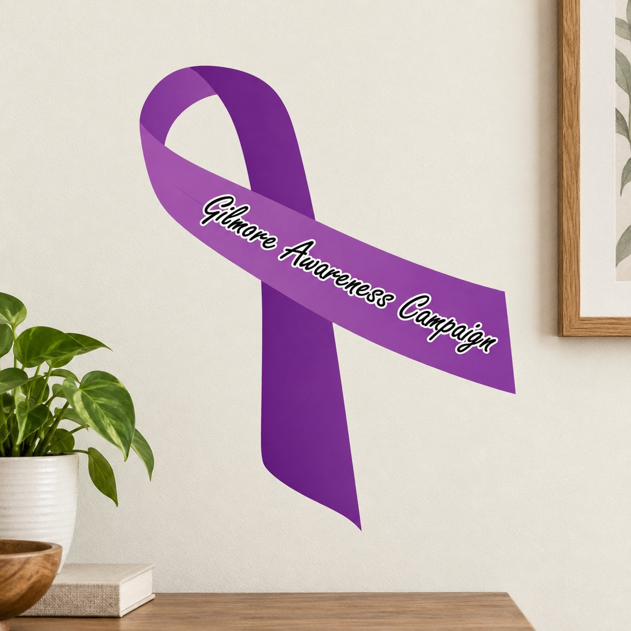 Purple awareness ribbon vinyl sticker with cursive lettering across the ribbon