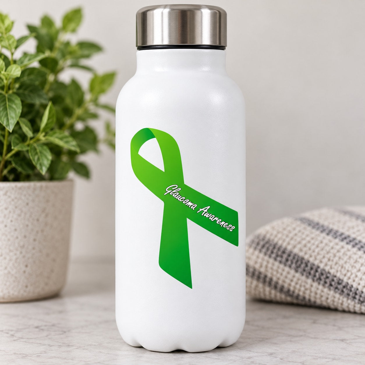 Glaucoma awareness ribbon vinyl sticker, green ribbon with white cursive text