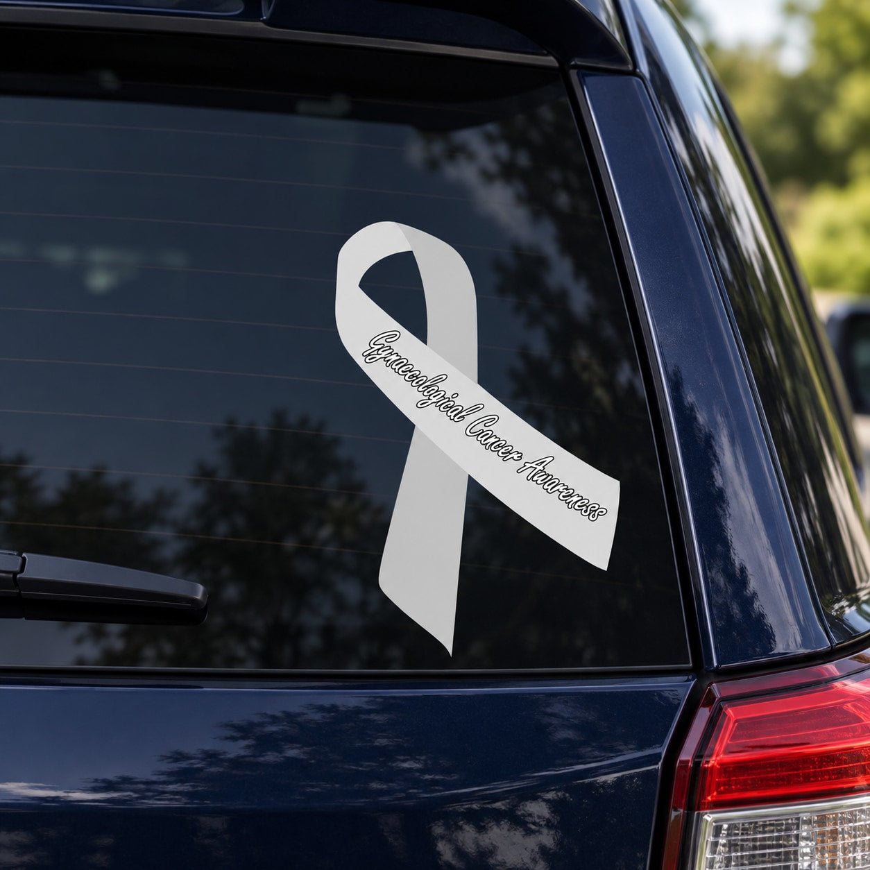 Gynaecological cancer awareness ribbon vinyl sticker with white ribbon on car window