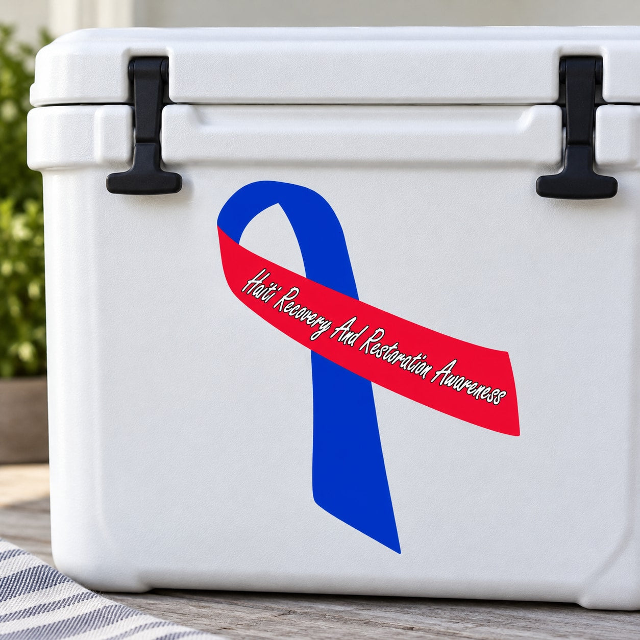 Awareness ribbon vinyl sticker with blue ribbon and red banner with white text
