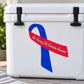 Awareness ribbon vinyl sticker with blue ribbon and red banner with white text