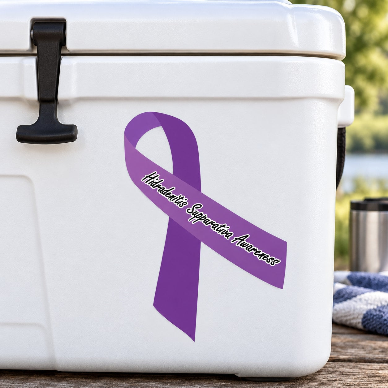Vinyl awareness ribbon sticker with purple ribbon and cursive text