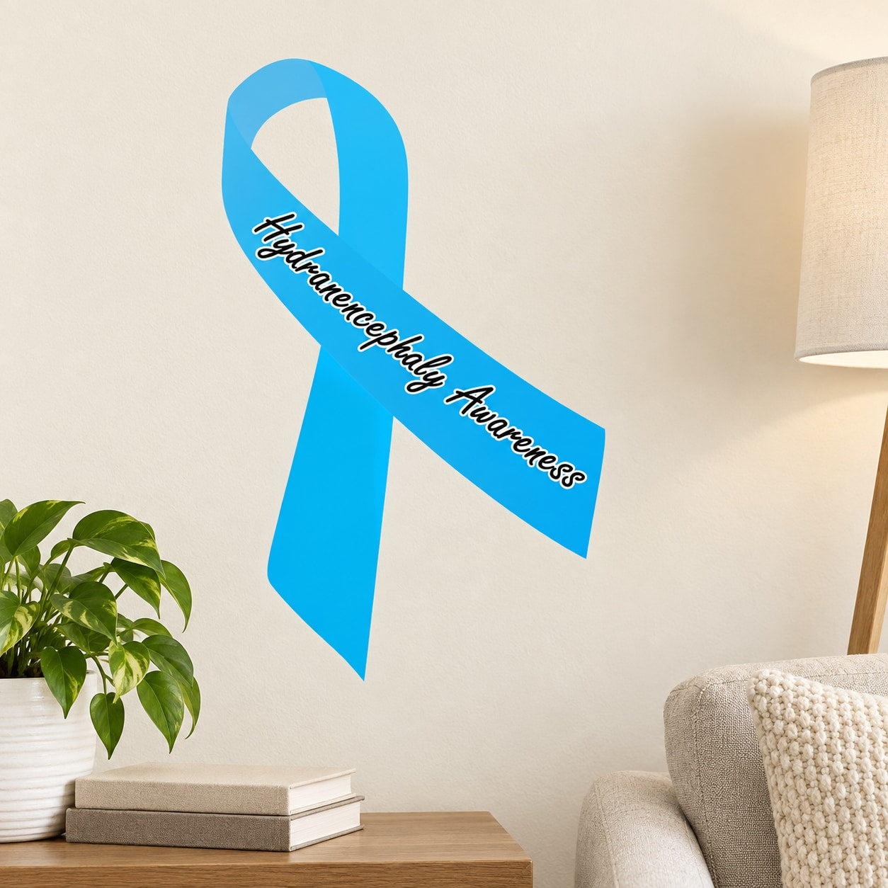 Blue awareness ribbon vinyl sticker with "Hydranencephaly Awareness" lettering