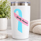 White tumbler with infertility awareness ribbon vinyl sticker in blue and pink