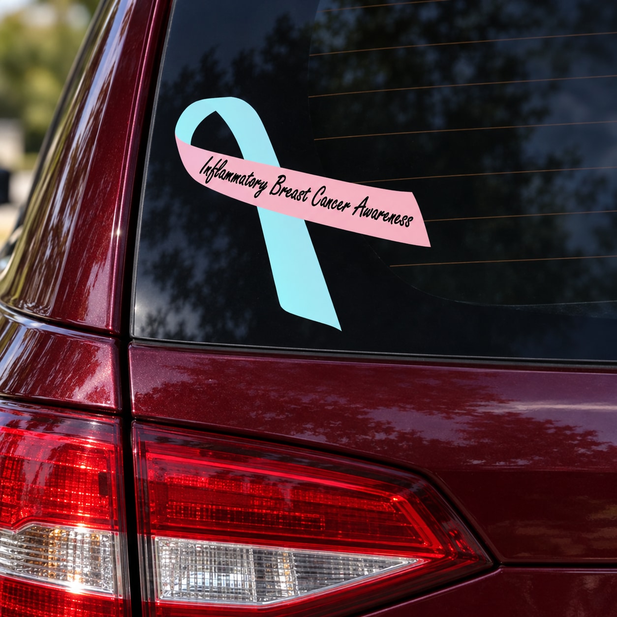 Inflammatory breast cancer awareness ribbon vinyl sticker: turquoise ribbon with pink text