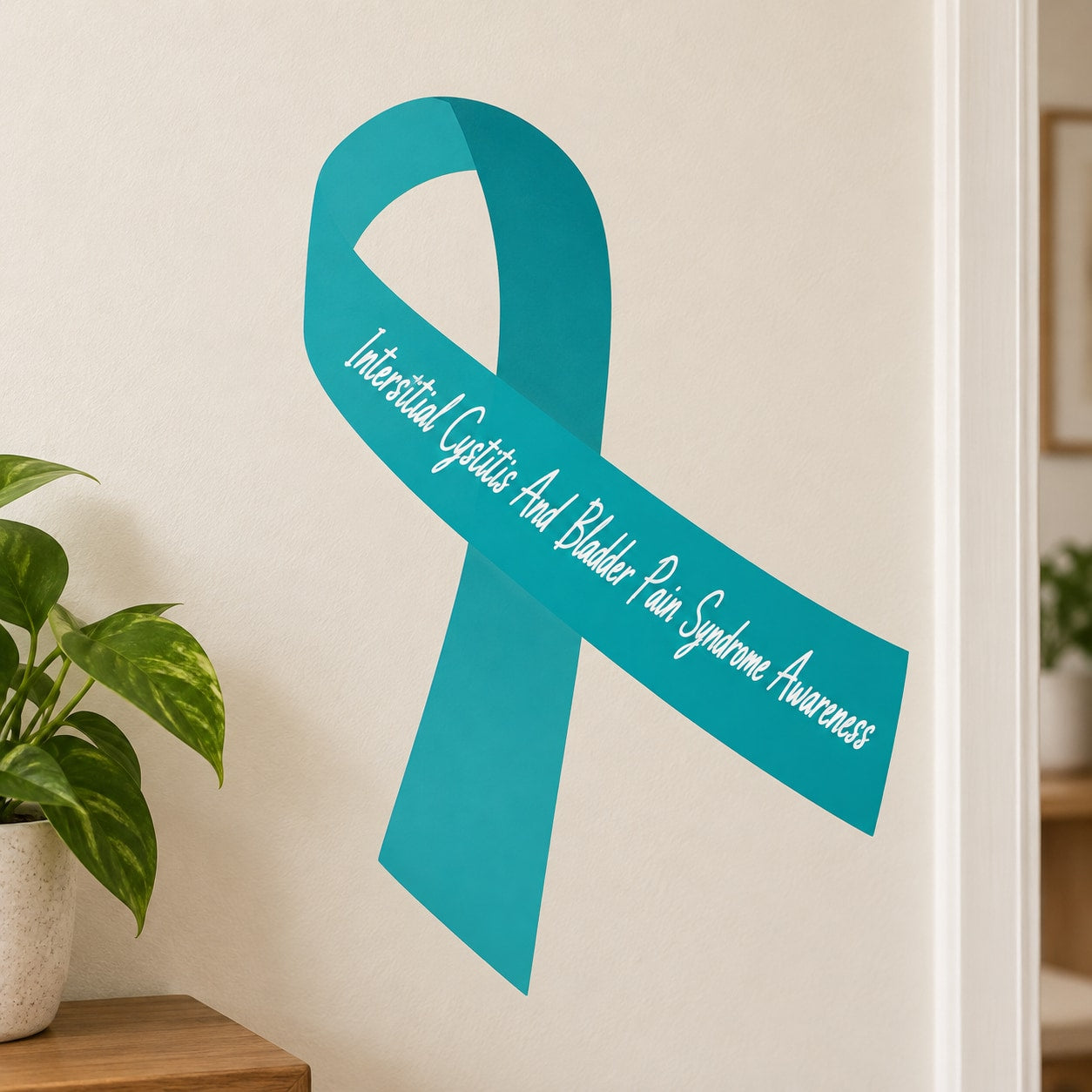 Teal awareness ribbon vinyl sticker with message printed across the ribbon