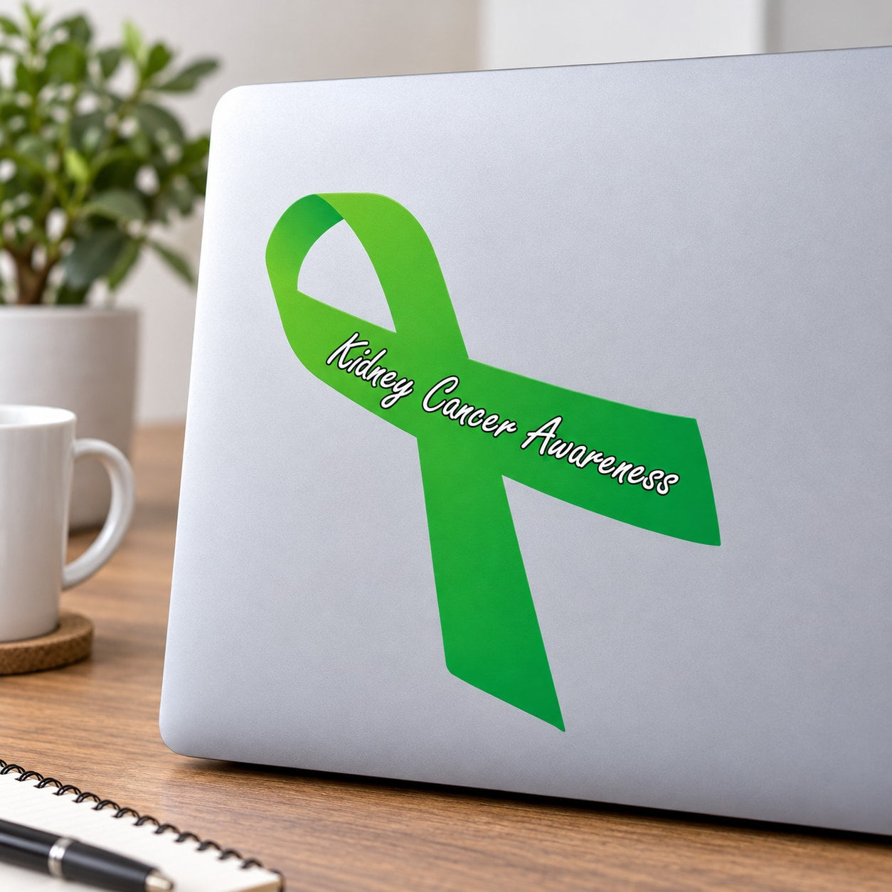 Green kidney cancer awareness ribbon vinyl sticker with diagonal text