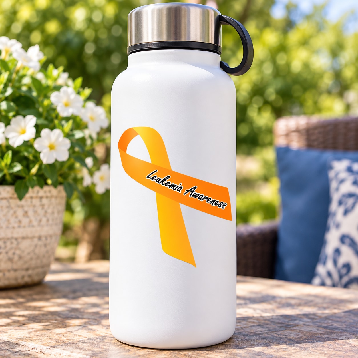 Orange and yellow leukemia awareness ribbon sticker on white bottle