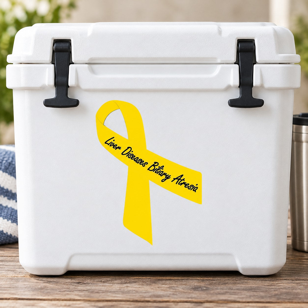 Yellow ribbon vinyl sticker with Liver Diseases Biliary Atresia text