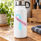 Breast cancer awareness ribbon vinyl sticker on white bottle with pink ribbon banner