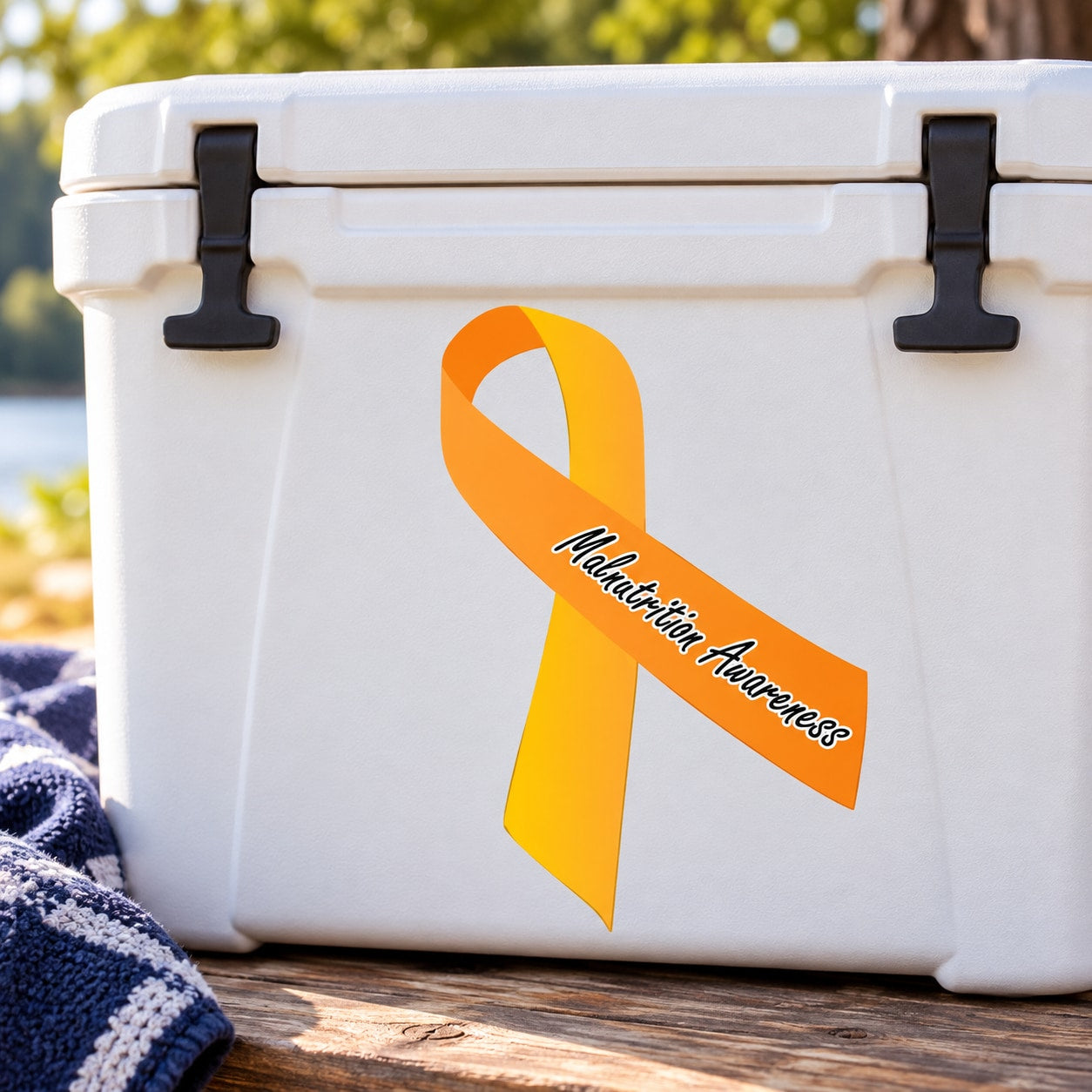 Malnutrition awareness ribbon vinyl sticker, orange and yellow ribbon with script text
