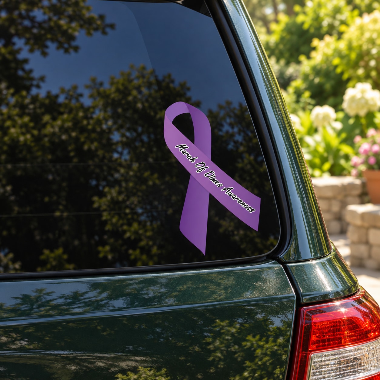 March of Dimes awareness ribbon vinyl sticker, purple ribbon with cursive text