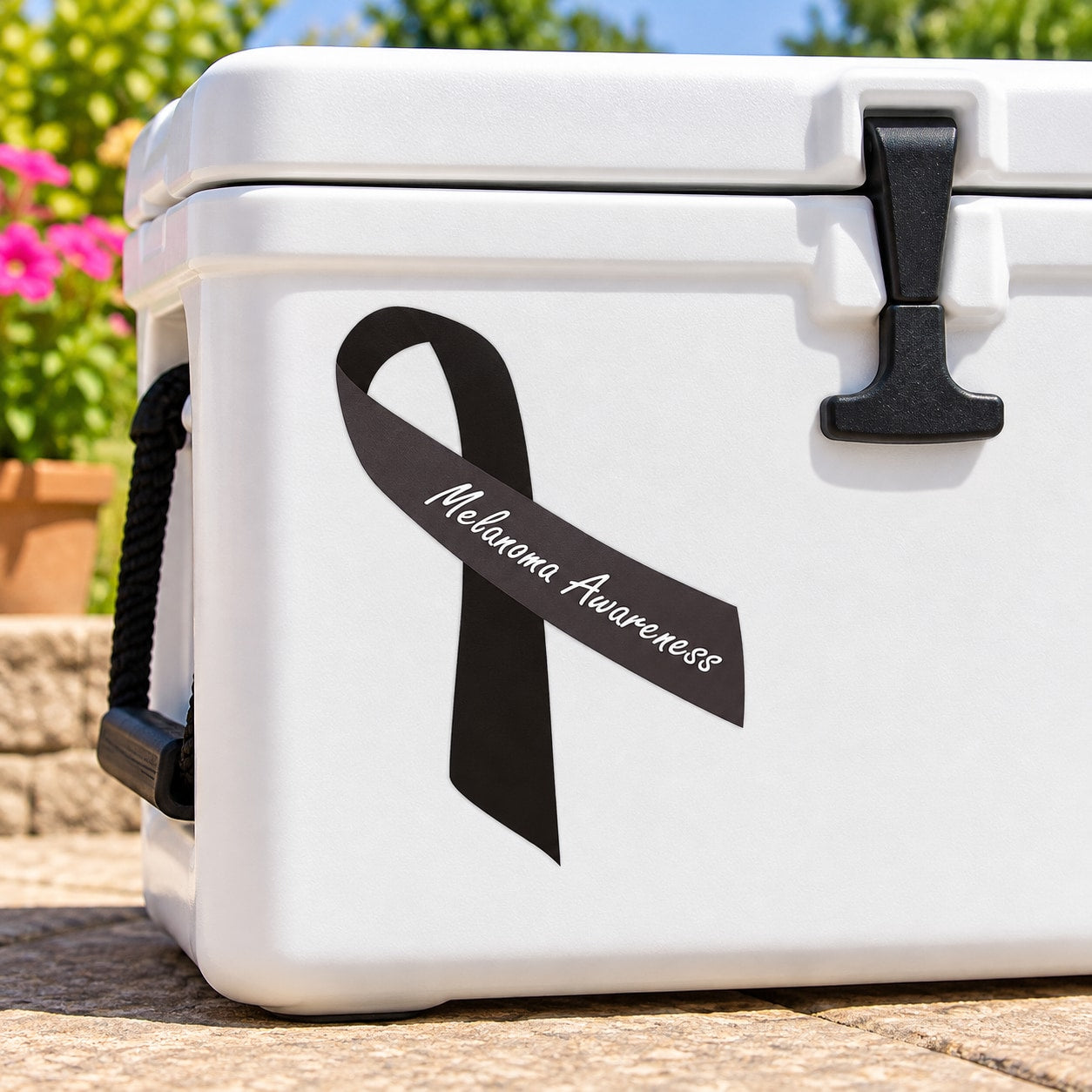 Vinyl melanoma awareness ribbon sticker with black ribbon and white script text
