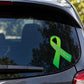 Mental health awareness ribbon vinyl sticker on car window, green ribbon with text