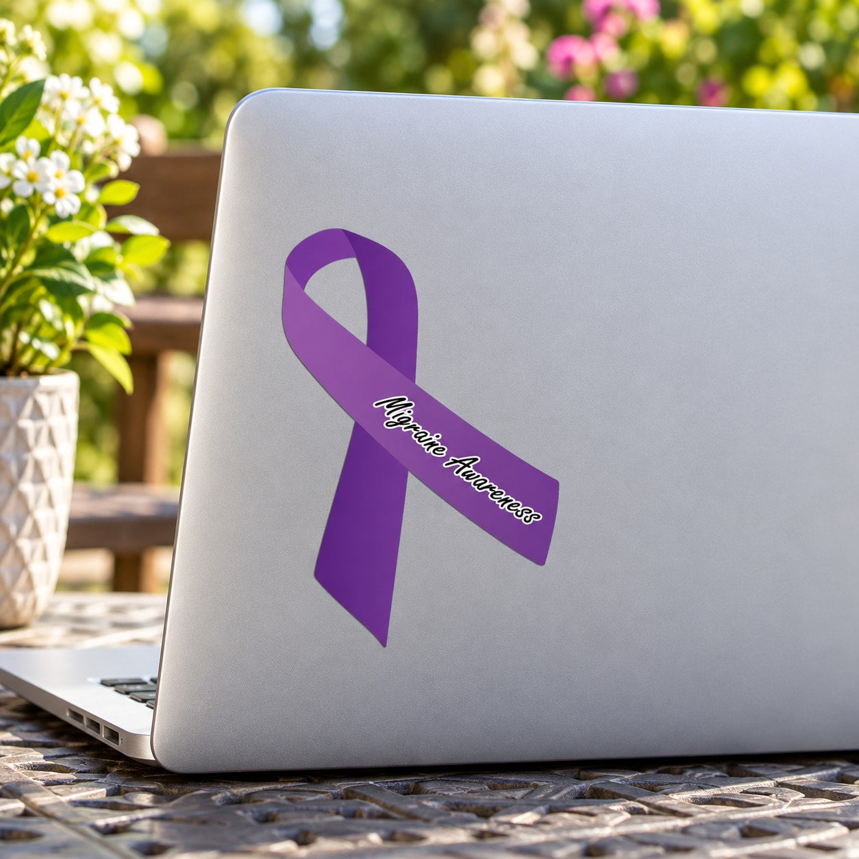 Purple migraine awareness ribbon vinyl sticker on laptop lid