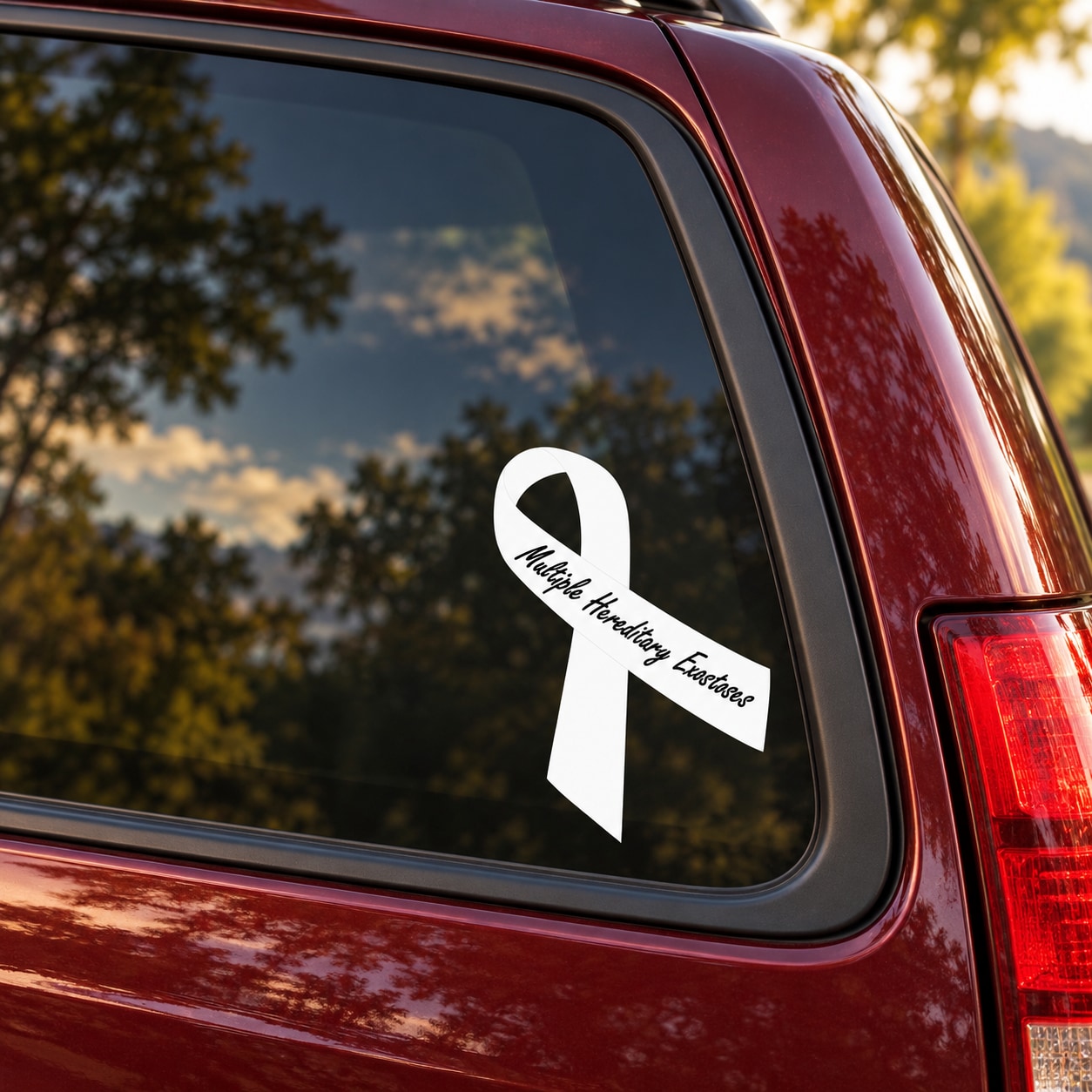 Awareness ribbon vinyl sticker on car window, white ribbon with black text