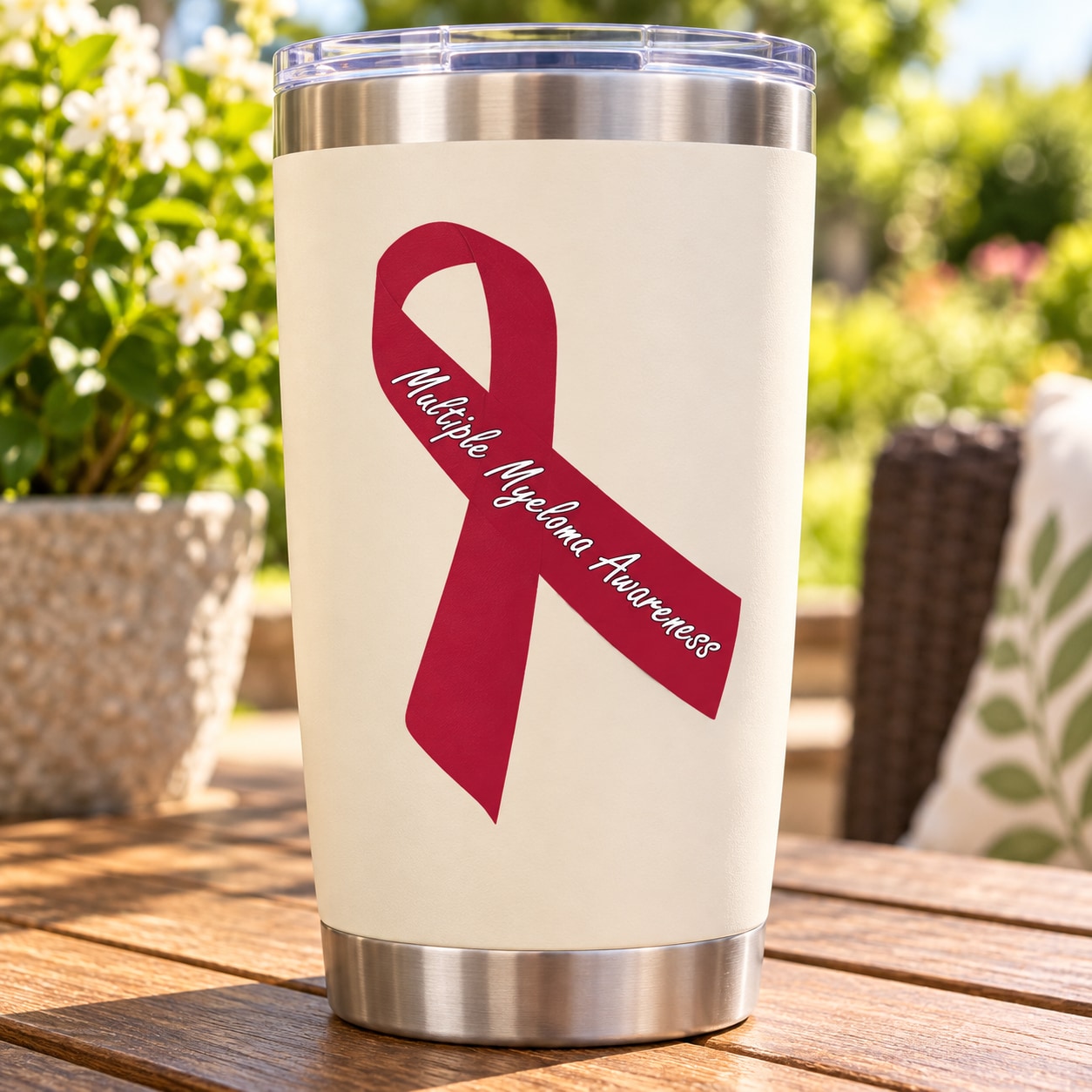 Multiple myeloma awareness ribbon vinyl sticker with red ribbon and white banner