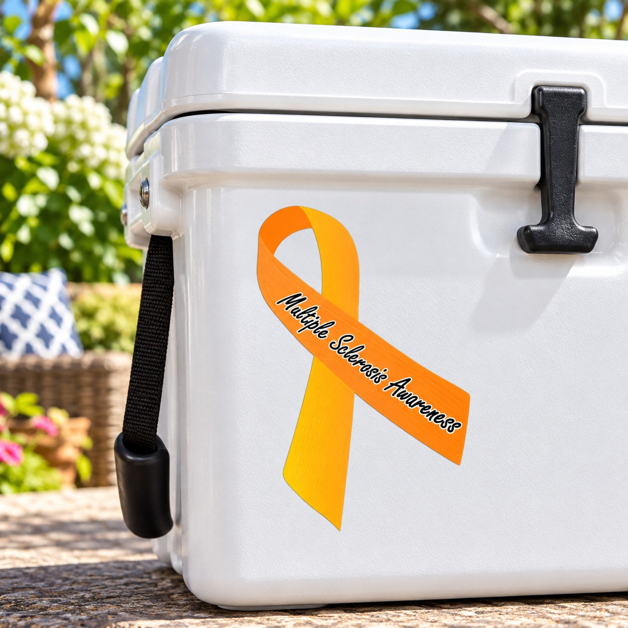 Orange vinyl awareness ribbon sticker with 'Multiple Sclerosis Awareness' text